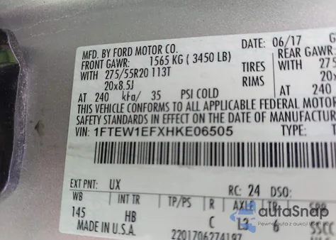 2017 Ford F-150 Lariat из США, поврежденный, VIN 1FTEW1EFXHKE06505